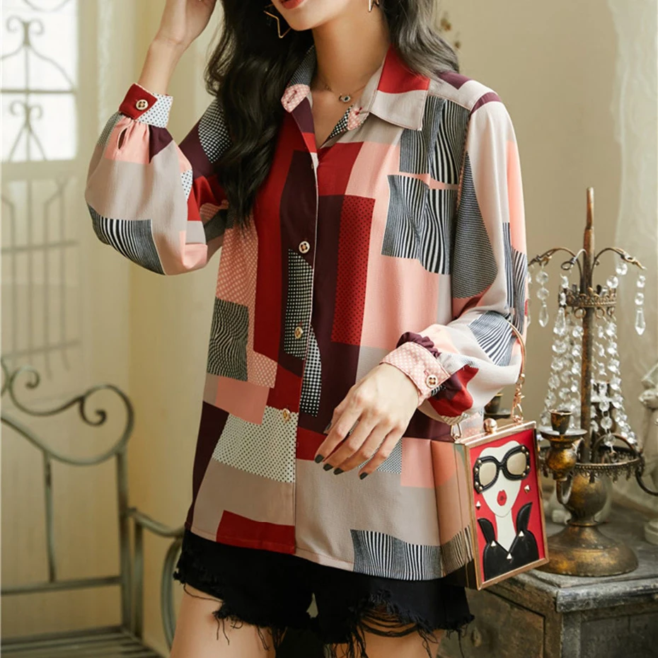 

Women Blouse New Turn-down Collar Long Sleeve Loose Fit Shirt Fashion Spring Autumn Elegant OL Blouse Mujer