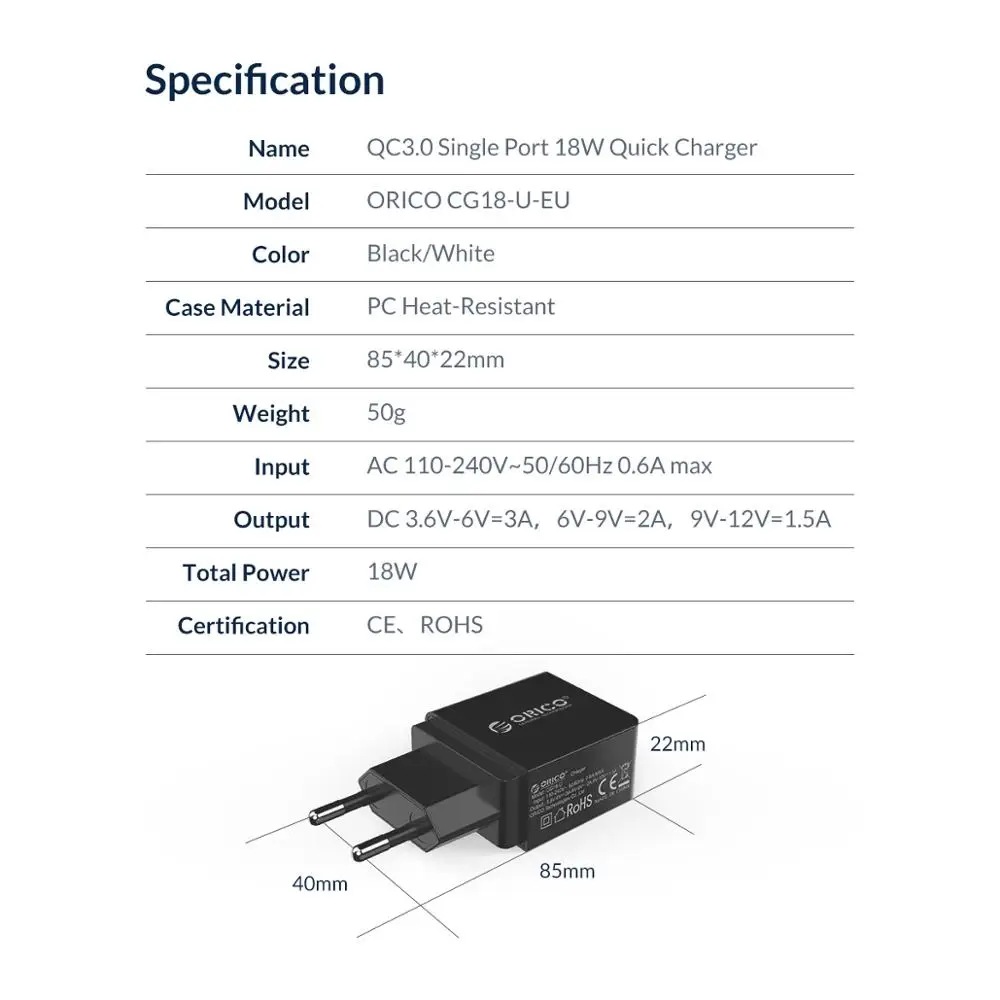 Дорожное зарядное устройство ORICO 18 Вт QC 3 0 2 USB быстрое штепсельная вилка