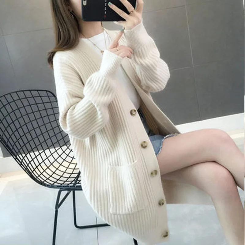 Autumn/winter Fashion Women Cardigans Long Sleeve Button Sweater Women Casual Solid Long Women Cardigan 5784 50 - Цвет: Бежевый
