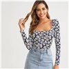 SHEIN, квадратная горловина, Маргаритка, цветочный принт, облегающая футболка, женские топы, осенняя элегантная Офисная Женская футболка с длинными рукавами