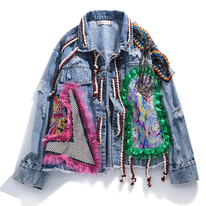 

Diamonds Frayed Denim Jacket Coat Women Outerwear Chaquetas Mujer Korean Loose Long sleeve Short Jeans Jackets Female Streetwear