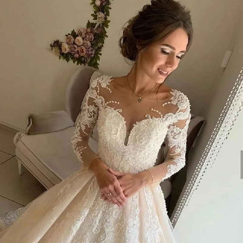 

Vestido De Noiva 2021 Wedding Dresses for Bride Long Sleeve Lace Appliques A-Line Bridal Gowns Robe De Mariee
