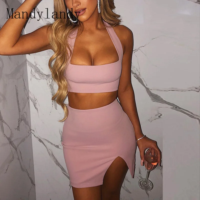 Mandylandy-Conjunto de dos piezas para mujer, Top corto de cuello Halter sin mangas con cintura elástica alta, falda dividida, trajes para mujer
