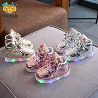 childrens flat shoes led flash pu stars fashion luminous sneakers 2021 kids boy girl cute bow shiny upper sports shoes for boys