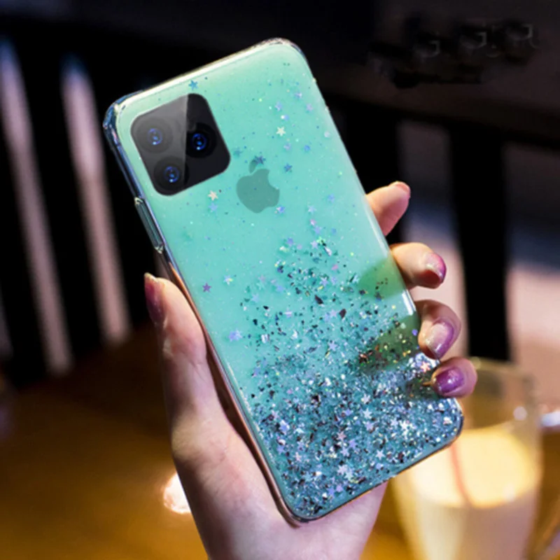 Блестящий Прозрачный чехол со звездами для iPhone 11 Pro X XR XS MAX 7 8 6s для samsung S10 S9 S8 Plus Note 10Pro 8 9 A10A20A30 A40A50A70 - Цвет: Green