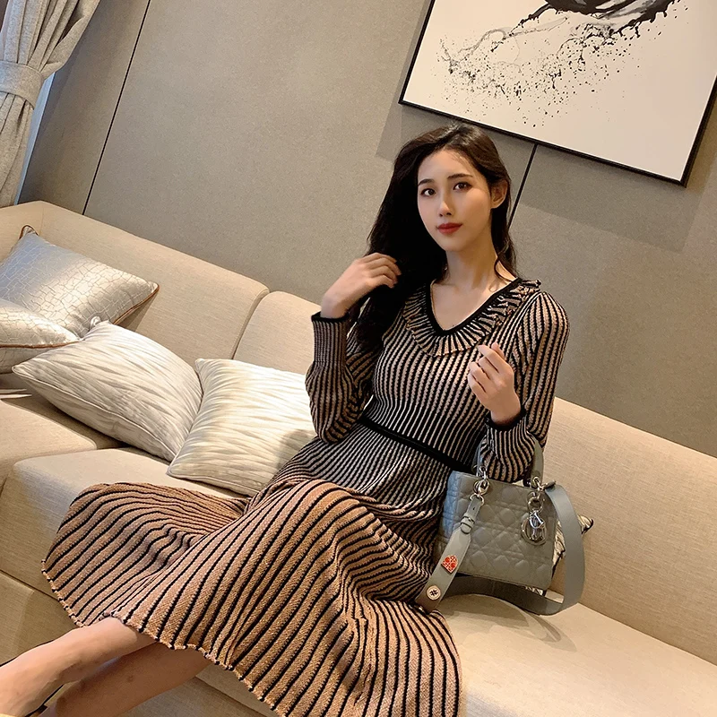 

French lady's mother long sleeve dress for women new spring and autumn dress with slim waist and vertical stripes