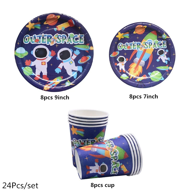 24pcs set 1 комплект вечерние одноразовые столовые приборы с космическим пространством и планетой для дня рождения, детские одноразовые бумажные тарелки, вечерние принадлежности для космонавта - Цвет: 24pcs set