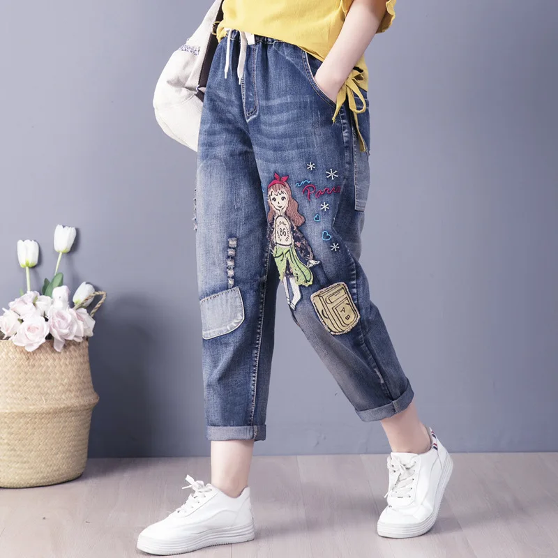 

9168 Women Summer Fashion Cartoon Patchwork Elastic Waist Vintage Denim Jeans Office Lady Large Loose Harem Ankle Length Pants