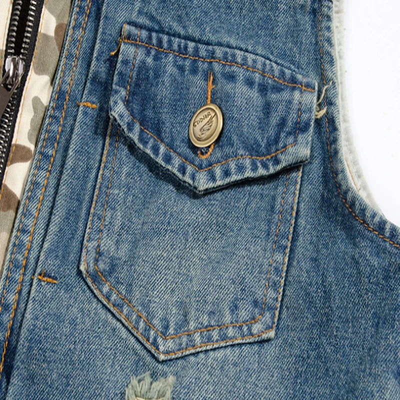 

New Denim Vest Men's Jacket Hooded Sleeveless Jackets Camouflage Waistcoat Frayed Casual Denim Vest Male 4XL