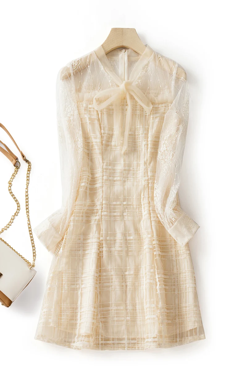 

Elegant Lace Stitching Dress 2021 Fashion Skirt Spring and Autumn Fashion Medium Long Skirt A-line Skirt French New