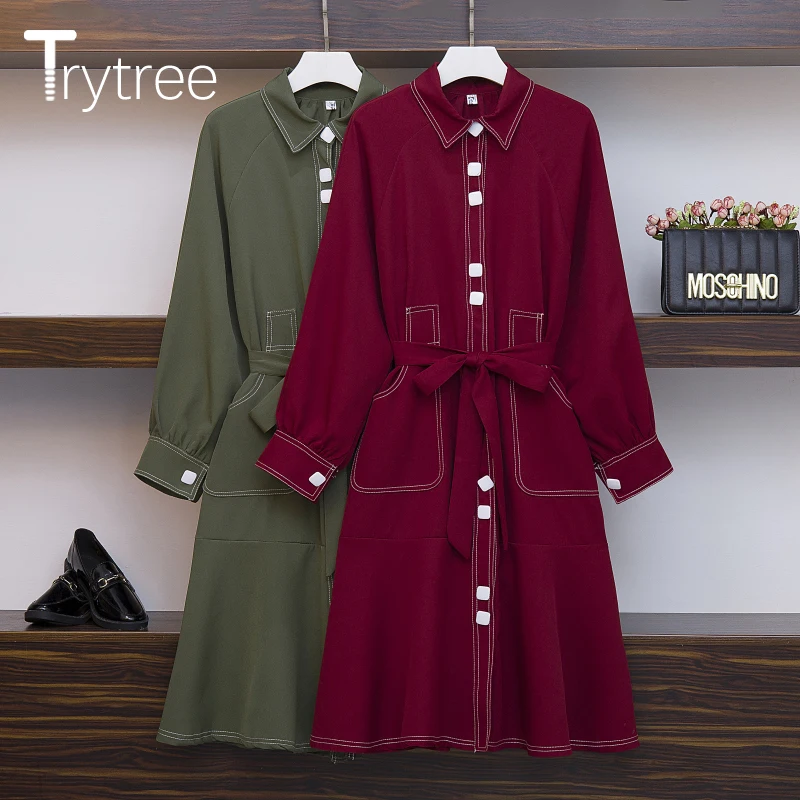 Trytree/осенне-зимние женские повседневные однотонные платья с отложным воротником
