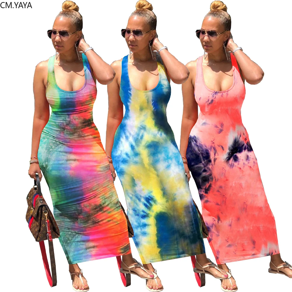 2020 Women Summer Tie Dye Galaxy Print Cross Open Back Sexy Sleeveless Tank Maxi Dress Beach Casual Slim Pencil Long Dresses | Женская