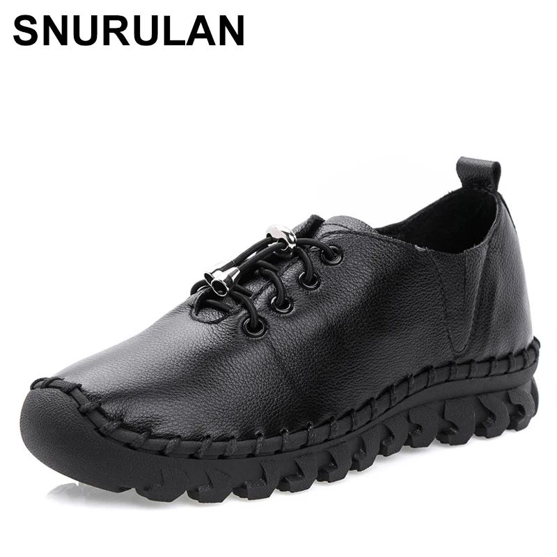 

SNURULANE women shoes cow leather flats mother soft rubber sole slip-resistant lace 36-40