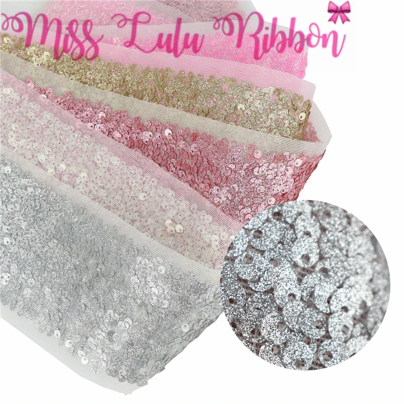 

3"75mm Scatter Sequin Tape (Back Side with Tulle, 9.5cm Width Added 1cm Edge Both Side) 30yards/Pack (3*10y/roll) Neon Pink