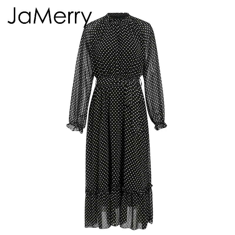 JaMerry, винтажное, Осеннее, женское, вечерние, длинное, макси платье, элегантное, рукав-фонарик, в горошек, с принтом, платья для отдыха, пляжный стиль, платья