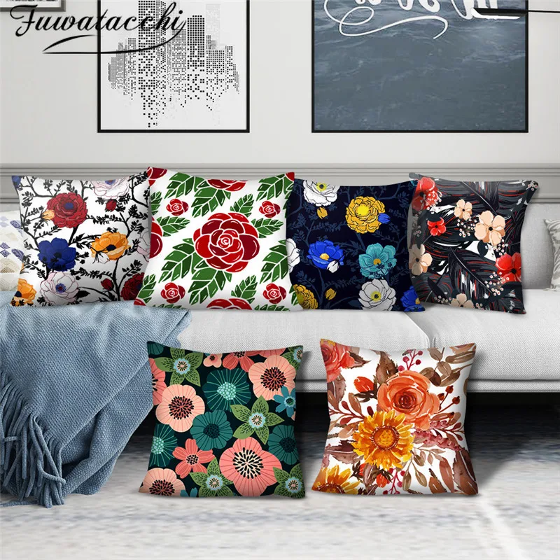 

Fuwatacchi Plant Painted Cushion Cover Blooming flowers Pillow Cover For Home Car Sofa Chair Decoration White Pillowcases
