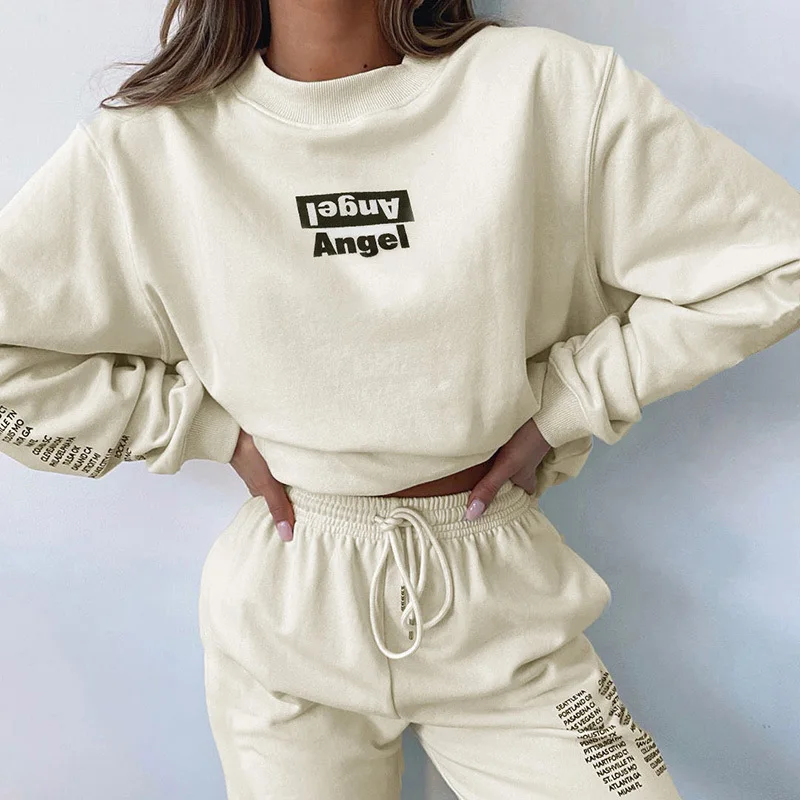 

Letter Print Two Piece Set Women's O Neck Pullover Sweatshirts And Drawstring Pants Suits Fashion Female 2021 Autumn Tracksuits