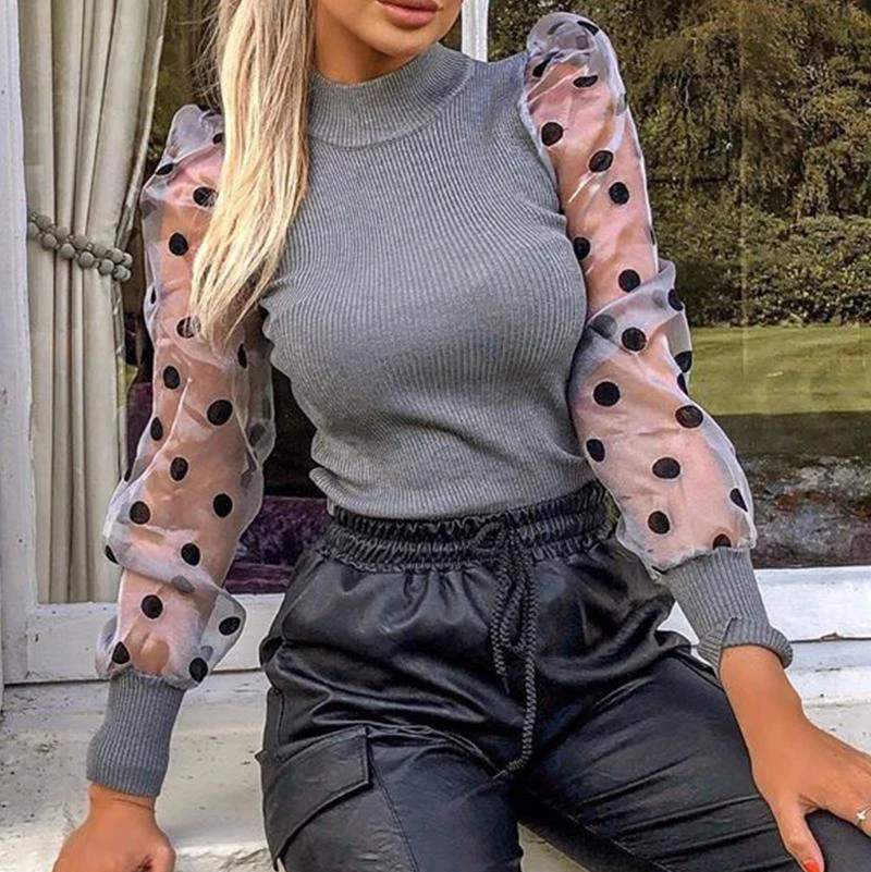 Повседневный ребристый вязаный свитер для женщин в горошек сетчатый с пышными