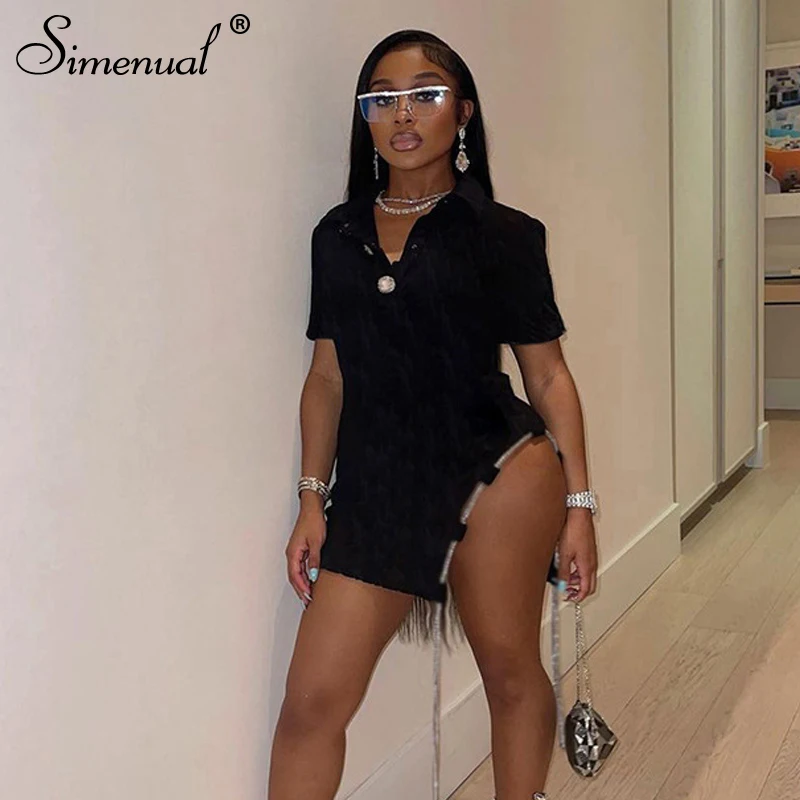 

Simenual Velvet Button Up Turn Down Collar T Shirt Dresses Bandage Short Sleeve Black Party Birthday Outfit Bodycon Mini Dress