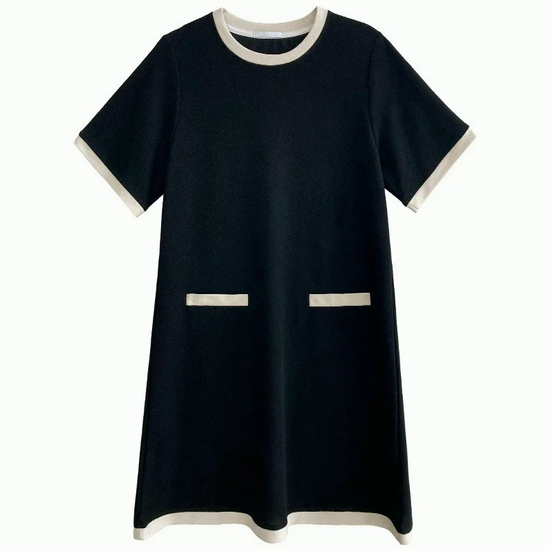 

Vintage Casual Short Knit Dress Summer Women Short Sleeve A Line Dresses High Waist O-Neck Straight Ladies Dress 2021