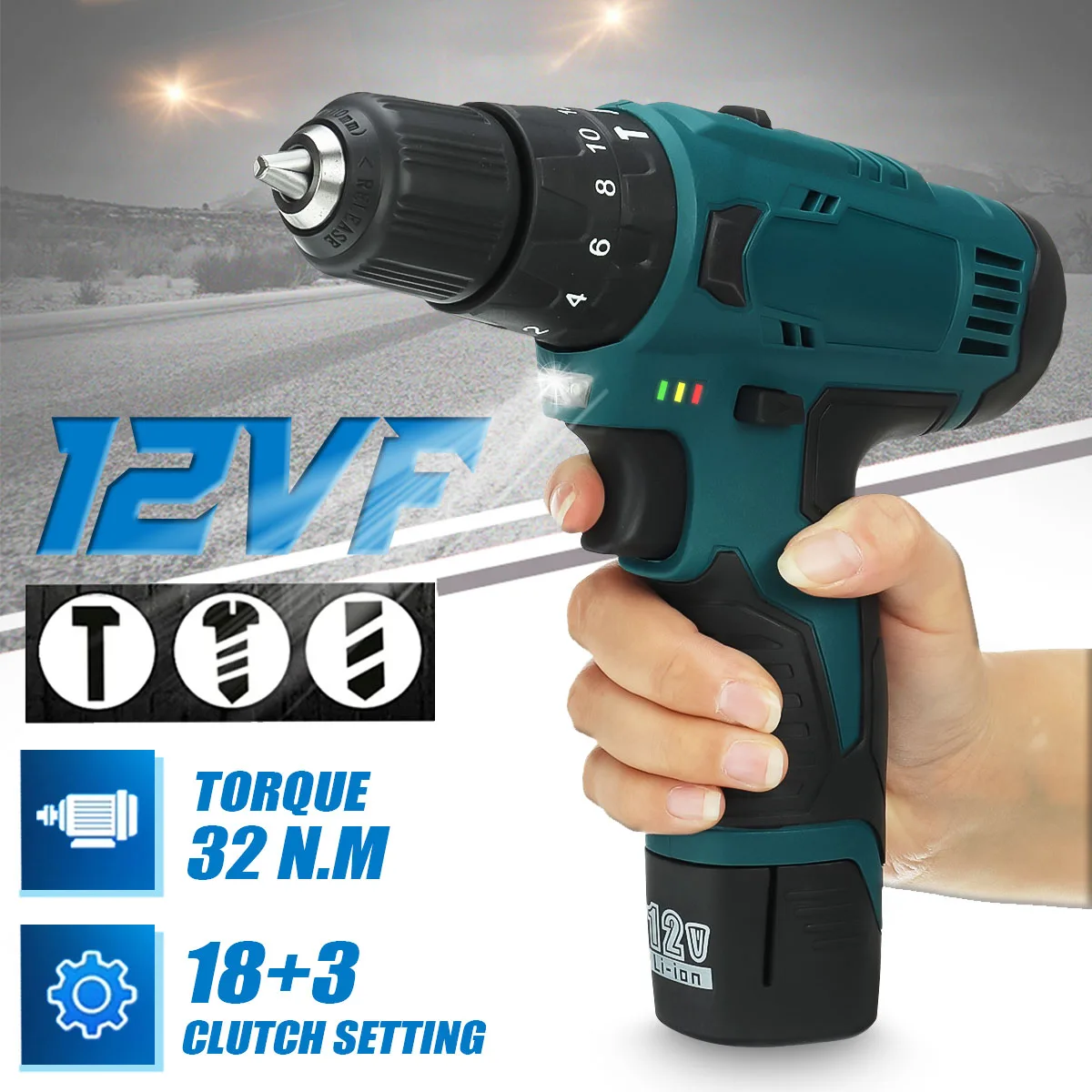 

3 IN 1 Cordless Screwdriver 32N.m Electric Drill Hole Electrical Screwdriver Hand Driver Wrench 18+3 Torque 10mm With Battery