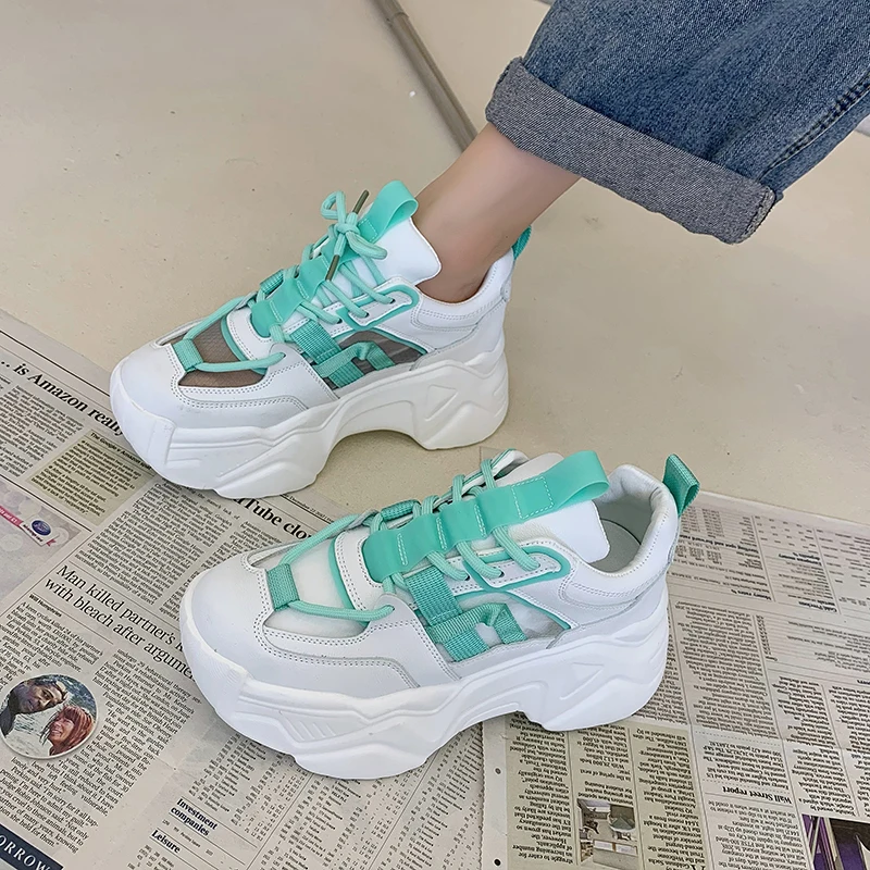 

2021 FashionThick Bottom Sneakers Women Platform Shoes Breathable Mesh Ladies Trainers Chunky Sneakers Vulcanized Shoes