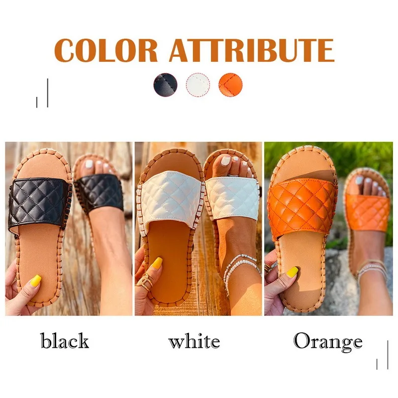 

2021 Trend Lozenge Shoes for Women Slippers Outdoor Beach Slides Soft Pu Leather Slippers Women Summer Open Toe Flat Heels Shoes