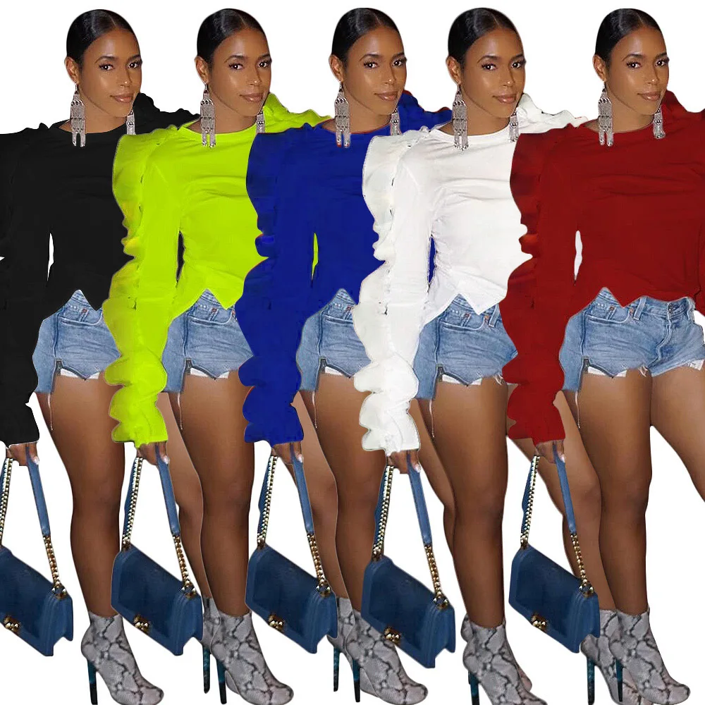 Модный женский топ с рукавом бабочкой однотонная тонкая рубашка круглым вырезом