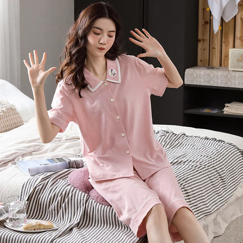 

Cotton Pajamas Set Women's Summer Thin Short-Sleeved Cropped Pants Cardigan Spring and Summer Ladies Homewear Nuisette