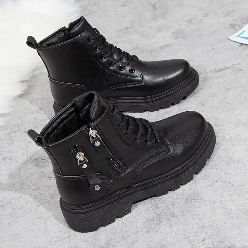 

Women's Martins Boots with Fur Autumn Winter 2021 Waterproof Warm Booties Side Zipper Fashion Black Leather Ankle Boots Women