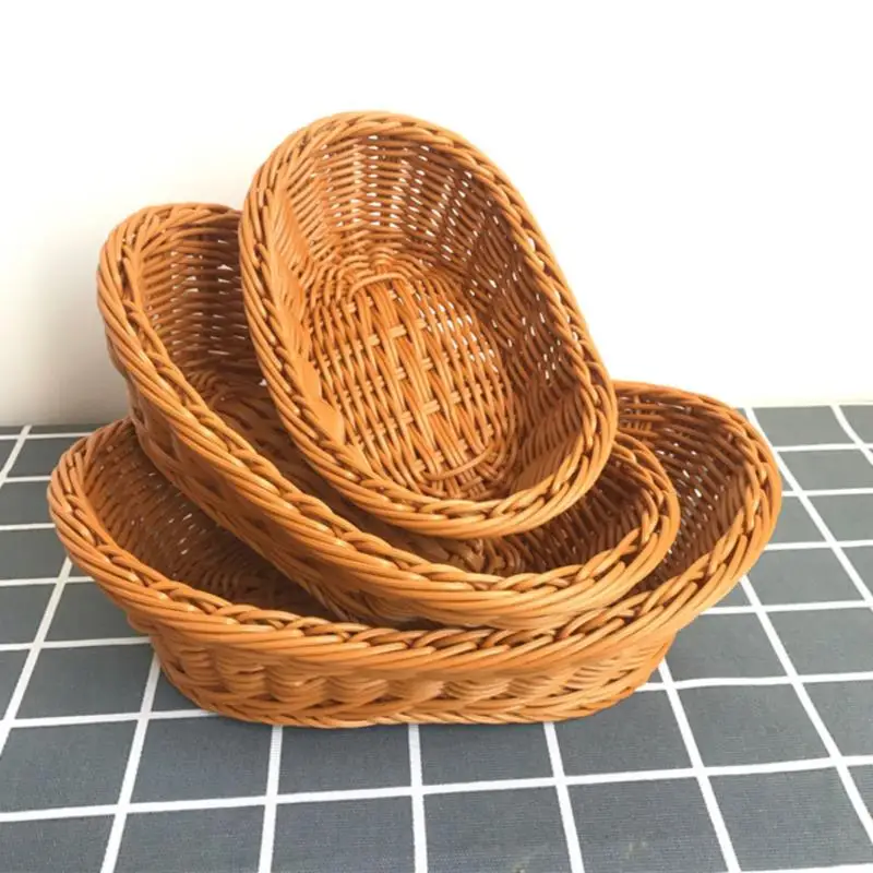 

1 Pc Oval Curved Rattan Serving Baskets For Bread Tabletop Display Storage Baskets