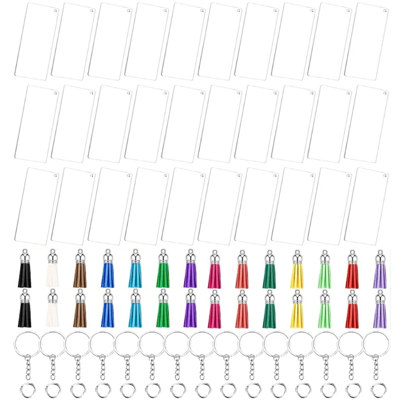 

Acrylic Keychain Blanks with Key Rings Rectangle Clear Discs Circles Colorful Tassel Pendants for DIY Projects Crafts