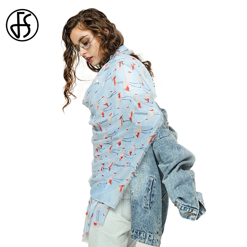 

FS Flamingo Animal Print Scarf Women Soft Cotton Scarves Ladies Winter Shawl Wrap White Beige Female Crinkle Hijab Foulard Femme