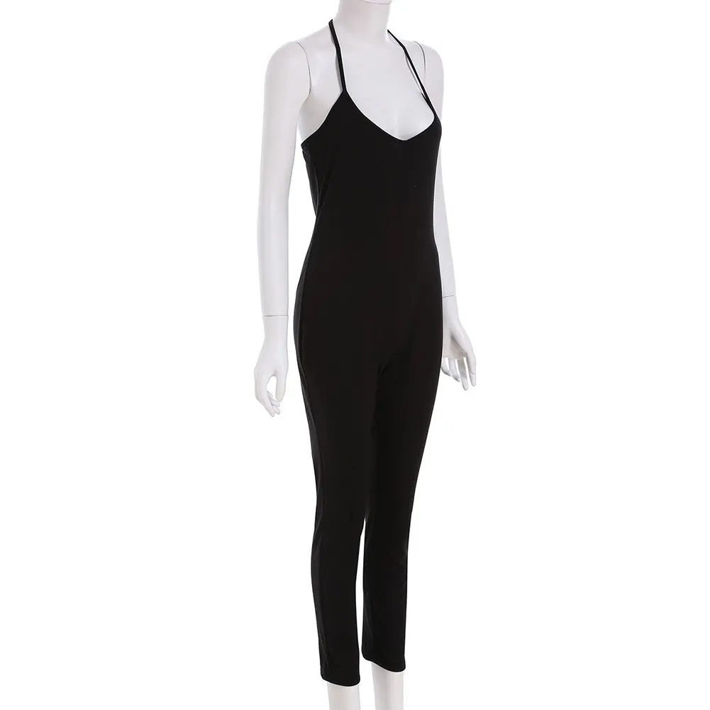 Женский однотонный комбинезон без рукавов на бретельках черный серый облегающие