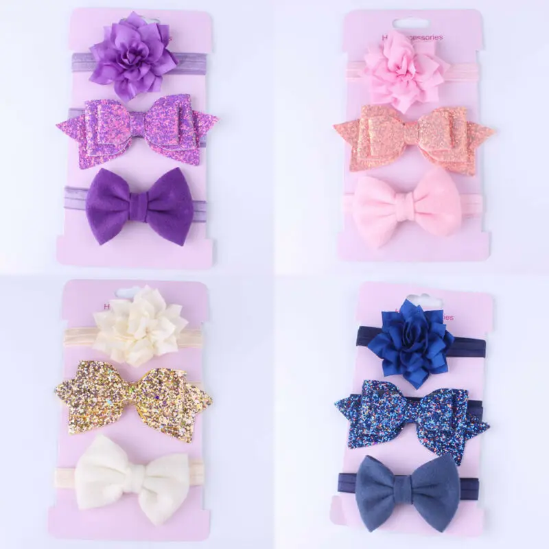 2019 Fashion Beauty 3Pcs Baby Girls Infant Toddler Flower Bow Sequined Headband Hair Band Accessories | Детская одежда и обувь
