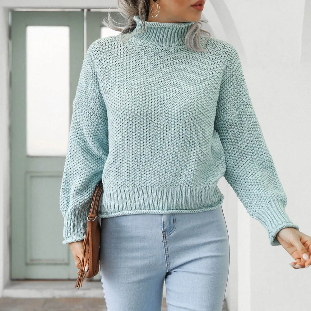 

Женский вязаный пуловер с рукавом «летучая мышь» и высоким воротником, свитер короткой длины, однотонный Свободный теплый свитер для девуш...