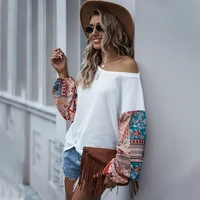 womens white tshirts printed stitching o neck long sleeved bohemian casual t shirt top lady fashion slim fit sexy autumn winter