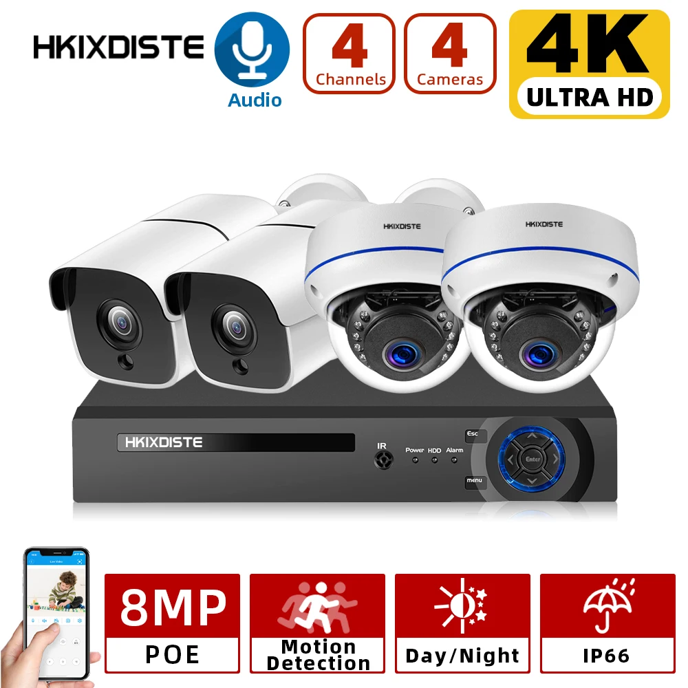 

8MP 4K Ultra HD Security Camera System 4ch PoE NVR & 4 PoE IP Bullet Dome Cameras Surveillance 4CH Audio POE NVR Kit P2P XMEYE