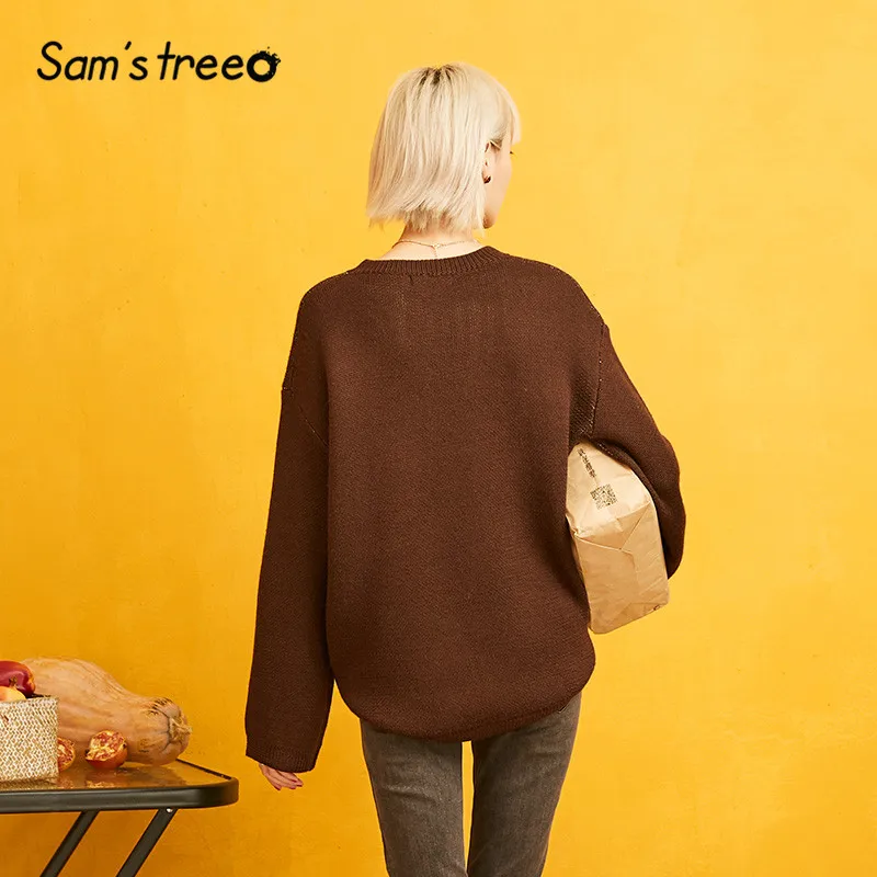 SAM'S TREE coffee, большой корейский свитер с цветочным принтом, женская одежда, осень, повседневные офисные женские вязаные топы с открытыми плечами