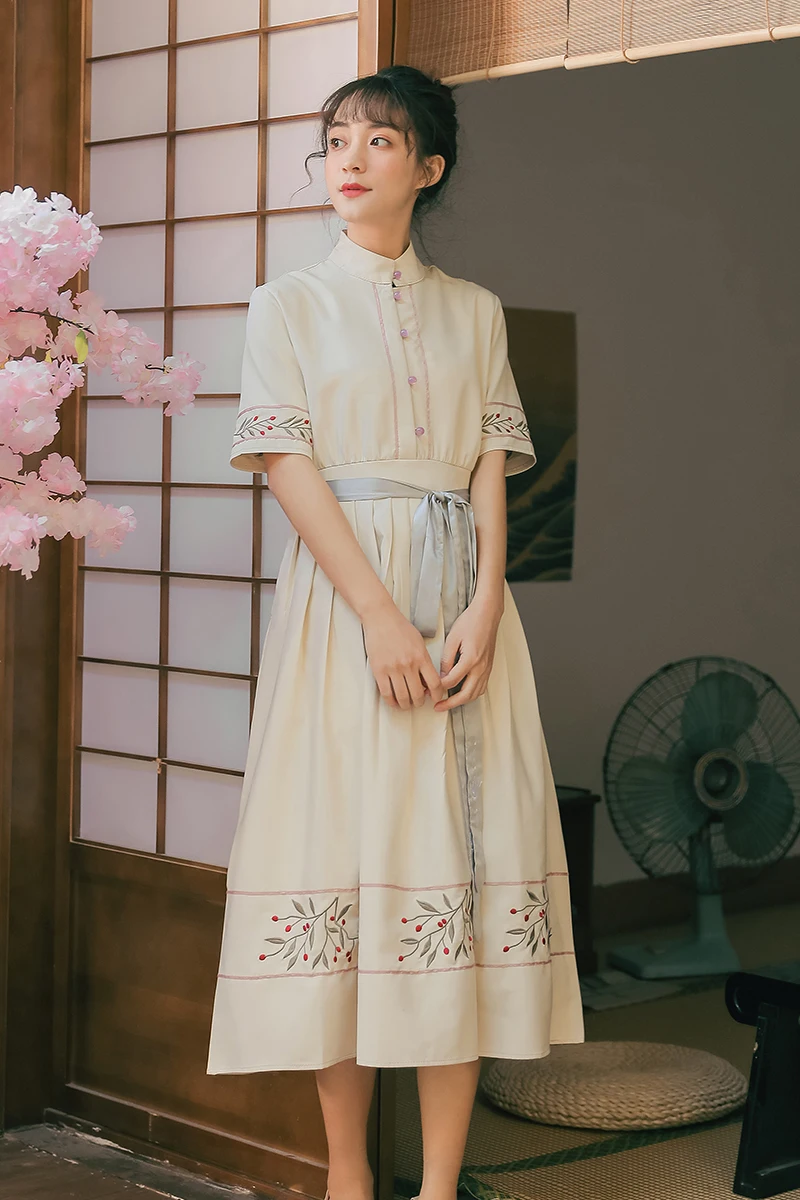 

Chinese Han Dynasty Women Long Dress Stand Collar Flowers Birds Embroidery Ribbon Midi Dress Summer Girl's College Vintage Dress