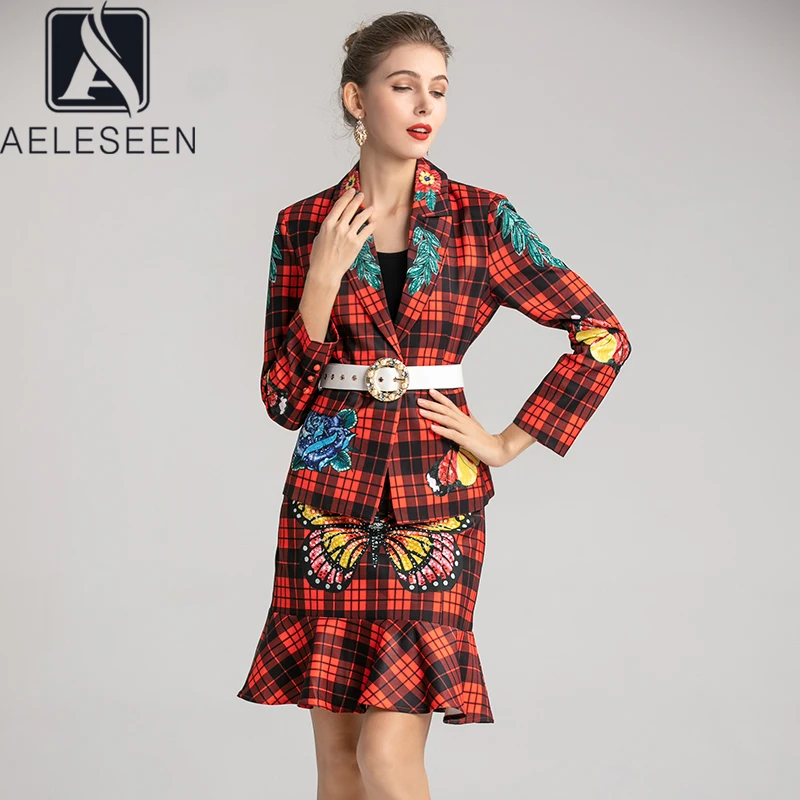 AELESEEN английский стиль красный плед Twinset офис леди костюм топ с Роскошный пояс