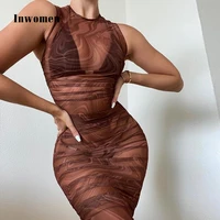 inwomen mesh mini dress perspective print club bodycon summer sleevelessparty sexy rushed dresses women casual vestidos new