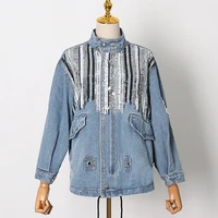 korean version of niche spring 2021 fashion temperament casual stand up collar sequin stitching loose large size denim jacket