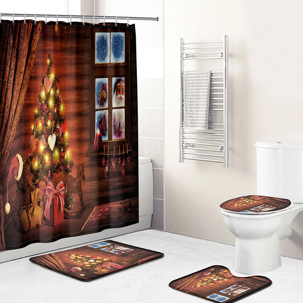 

Santa's Elk Gift Decoration 3D Printing Waterproof Shower Curtain Antiskid Flannel Toilet Three Piece Bathroom Curtain with Hook