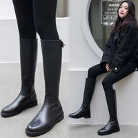 net red womens leather knee length low heel high boots with metal buckle and zipper show thin large size trendy boots