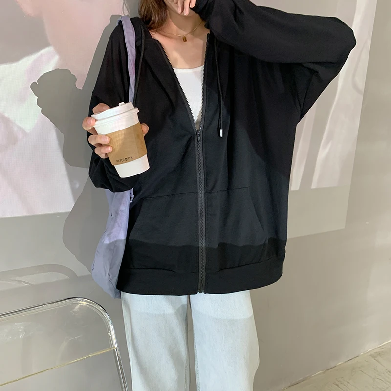 Pure Color Women's Zipper Hooded Sweatshirt Jacket Jacket Super Dalian Hood Pullover Sweatshirt Plus Size Solid Color Sweatshirt