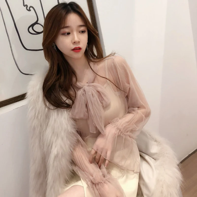 Сетка 2019 Женские топы с длинными расклешенными рукавами блуза галстуком