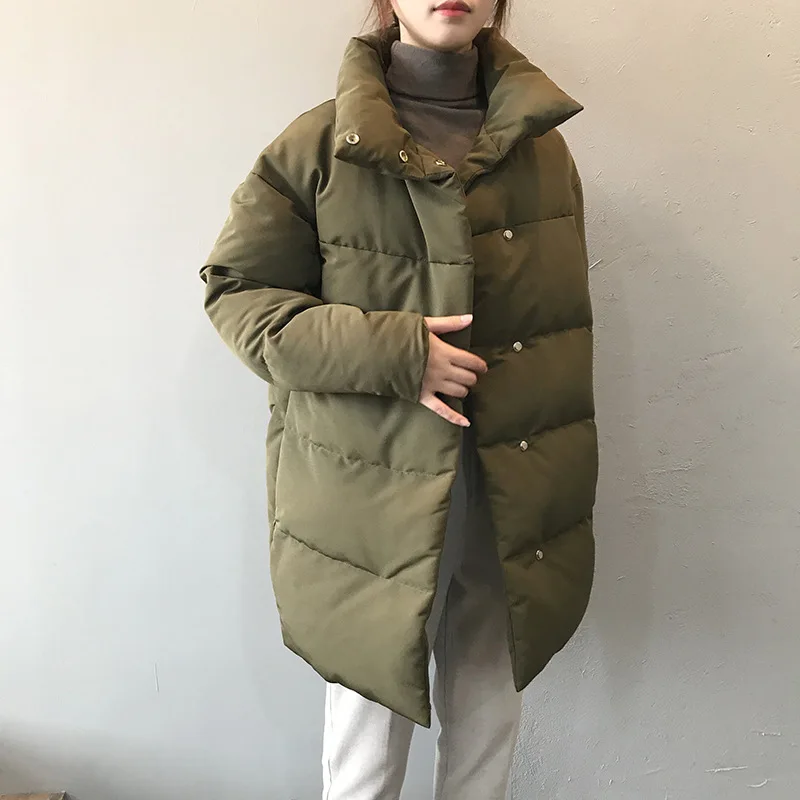 

Women Amy Green Oversize Long Parkas Thick 2020 Winter Solid Color Outwear Long Sleeve Buttons Pockets Female Loose Warm Coat