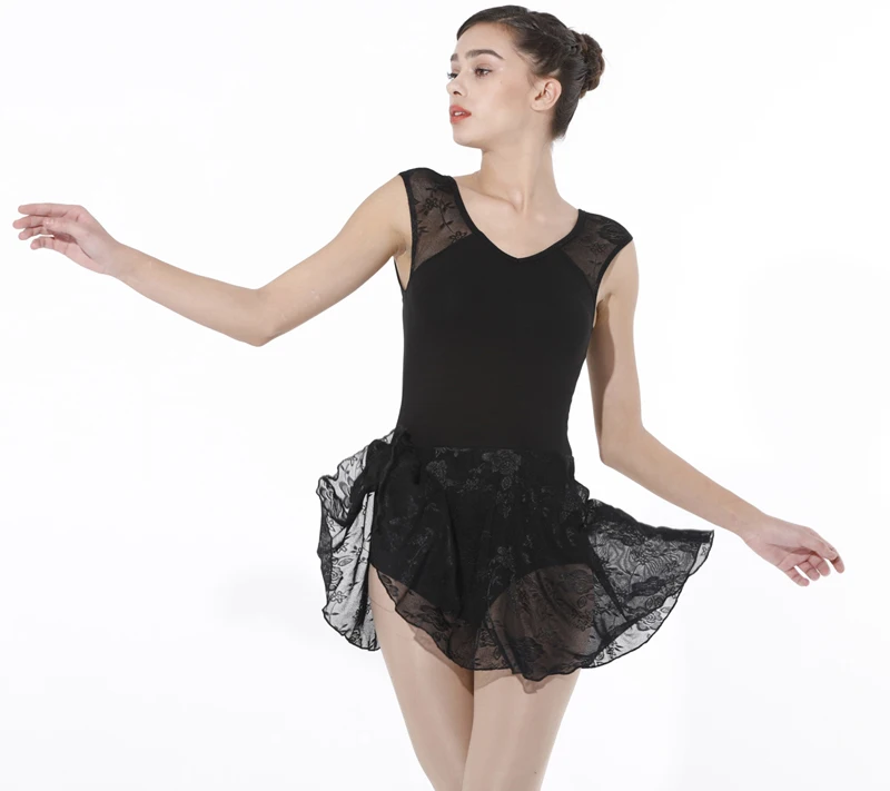 Женский купальник с кружевной юбкой черный для балета и гимнастики|dance leotards|ballet