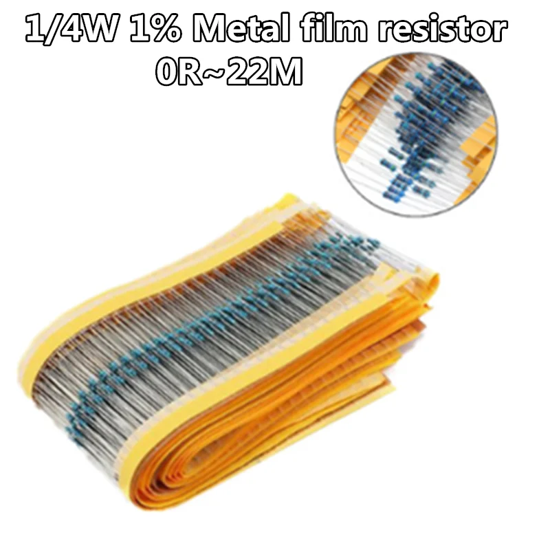 100 шт./лот 1/4W 1% металлического пленочного резистора 1R ~ 1 м 100R 220R 330R 1K 5 K 2 3 4 7 10K 22K 47K к